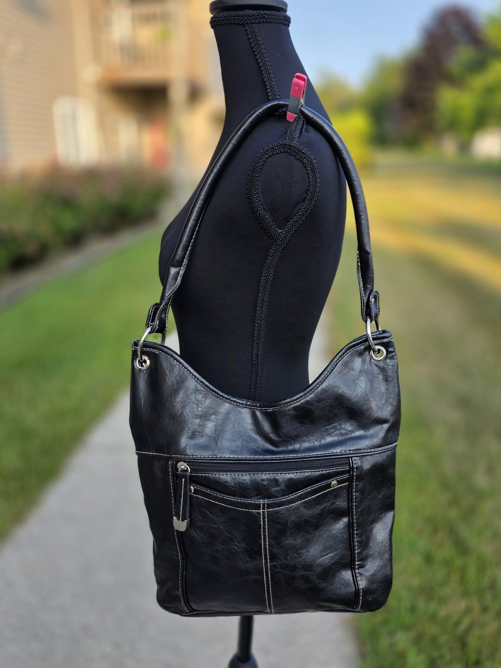 Croft & Barrow Black Faux Leather Multi Pocket Shoulder Bag